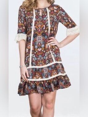 Matilda Jane Womens Intermission Brown White Lace Floral Boho Shift Dress Sz S